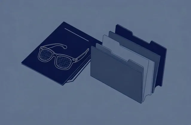 Illustration of a polarized sunglasses specification brief handing off to quotation folders